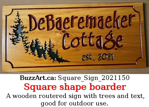A wooden routered sign with trees and text, good for outdoor use.